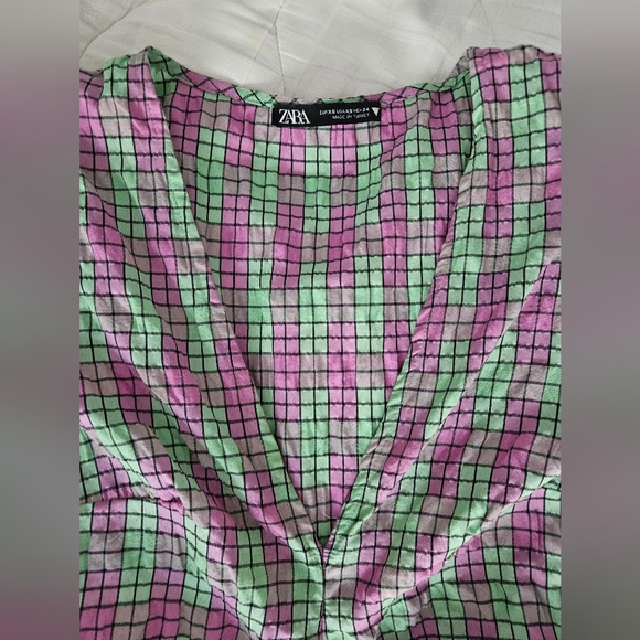 ZARA Pink & Green Plaid Seersucker Puff Sleeve Midi Dress | SZ XS - Picture 9 of 15